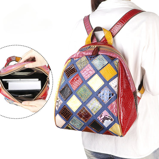 Royal Bagger Simple Backpack, Large Capacity Color Stitching Plaid Shoulder Bags, Genuine Leather Handbag for Women 1795