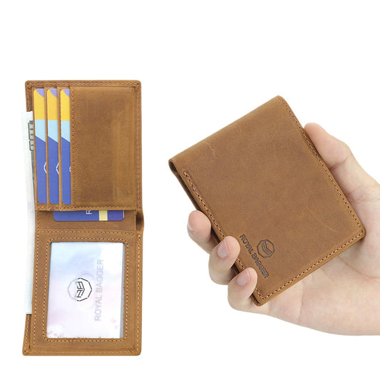 Royal Bagger RFID Vintage Short Wallets, Genuine Leather Card Holder, Simple Thin Bifold Male Wallet 1835
