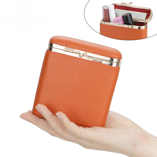 Royal Bagger Solid Color Kiss Lock Coin Purse, Fashionable Small Lipstick Holder, Genuine Leather Pouch with Mirror 1800