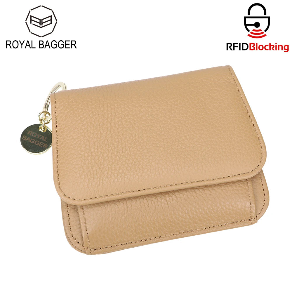 Royal Bagger RFID Short Wallet for Women Genuine Cow Leather Large Capacity Key Chain Card Holders Fashion Trifold Wallets 1459